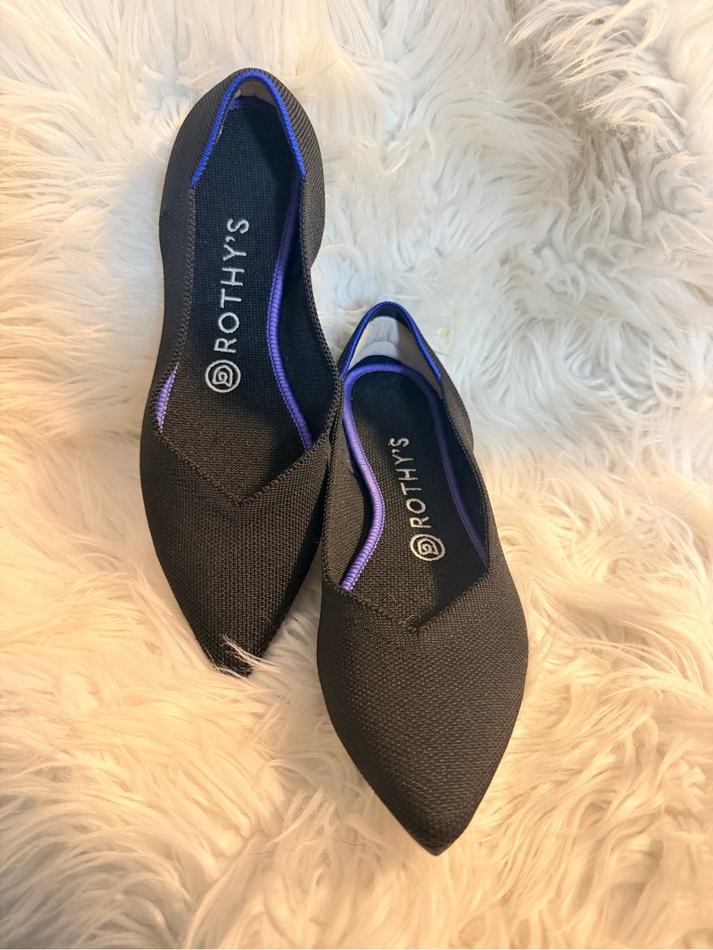 Rothy's Women's Black Pointed Flats with Purple Trim W7.5